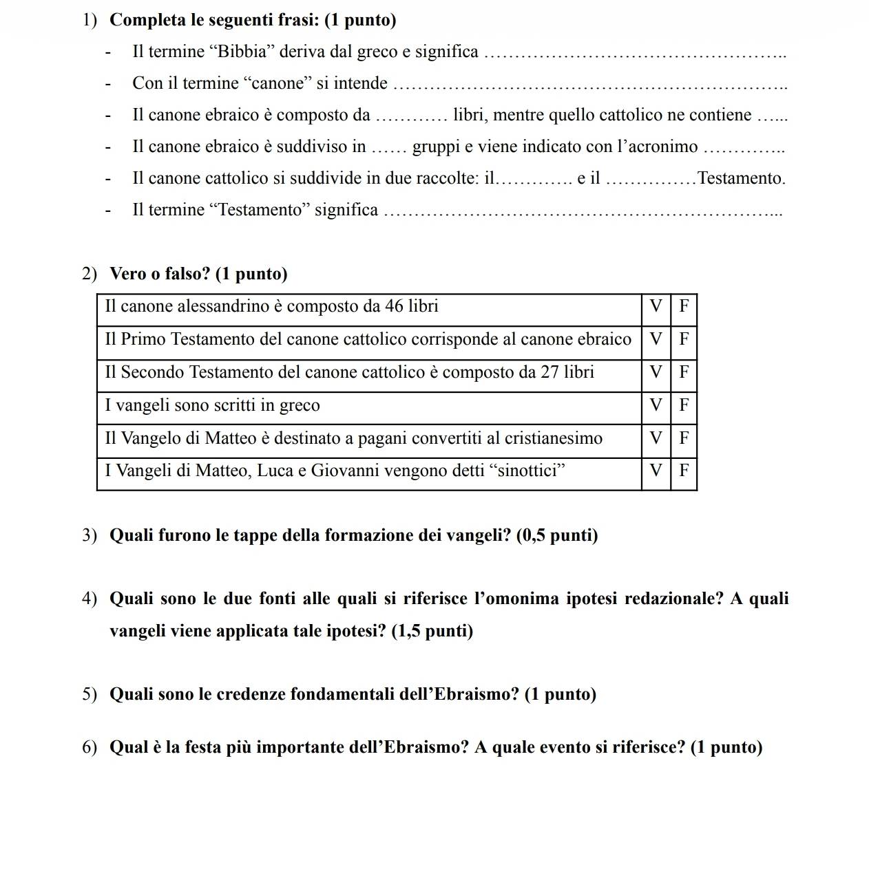 Completa le seguenti frasi: (1 punto) 
Il termine “Bibbia” deriva dal greco e significa_ 
Con il termine “canone” si intende_ 
Il canone ebraico è composto da _libri, mentre quello cattolico ne contiene_ 
Il canone ebraico è suddiviso in _gruppi e viene indicato con l’acronimo_ 
Il canone cattolico si suddivide in due raccolte: il_ e il_ Testamento. 
Il termine “Testamento” significa_ 
2) Vero o falso? (1 punto) 
3) Quali furono le tappe della formazione dei vangeli? (0,5 punti) 
4) Quali sono le due fonti alle quali si riferisce l’omonima ipotesi redazionale? A quali 
vangeli viene applicata tale ipotesi? (1,5 punti) 
5) Quali sono le credenze fondamentali dell’Ebraismo? (1 punto) 
6) Qual è la festa più importante dell’Ebraismo? A quale evento si riferisce? (1 punto)
