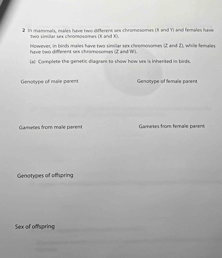 In mammals, males have two different sex chromosomes (X and Y) and females have 
two similar sex chromosomes (X and X). 
However, in birds males have two similar sex chromosomes (Z and Z), while females 
have two different sex chromosomes (Z and W). 
(a) Complete the genetic diagram to show how sex is inherited in birds. 
Genotype of male parent Genotype of female parent 
Gametes from male parent Gametes from female parent 
Genotypes of offspring 
Sex of offspring