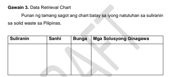 Solved: Gawain 3. Data Retrieval Chart Punan ng tamang sagot ang chart ...