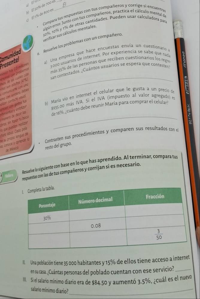 El 50% de 700 es__
El 1% de 800 es
Compara tus respuestas con tus compañeros y corrige si encuentra
algún error. Junto con tus compañeros, practica el cálculo mental de
50%, 10% y 1% de otras cantidades. Pueden usar calculadora para
verificar sus cálculos mentales,
Presente! Comunidad 6. Resuelve los problemas con un compañero.
a) Una empresa que hace encuestas envía un cuestionario a
3000 usuarios de internet. Por experiencia se sabe que nada
más 35% de las personas que reciben cuestionarios los regres
san contestados. ¿Cuántos usuarios se espera que contesten?
s
a comúnicarte con una tías, de las cuales cás Mexico hay 23 millones
ona con sordero debes sitad son adultas (47%) ersonas con problemas_
presor con gestos ftus  b) María vio en internet el celular que le gusta a un precio de
olzar contacto visual
_
de 16%, ¿cuánto debe reunir María para comprar el celular?
manero de decír las entemientos y enfatizor $935.00 más IVA. Si el IVA (impuesto al valor agregado) es
ra que puedan realizar abros, sín tapar tú baca
ne su propía lengua de stura labial. Cada país
as conoce y aprende la
Contrasten sus procedimientos y comparen sus resultados con el
de Méxica resto del grupo.
Resuelve lo siguiente con base en lo que has aprendido. Al terminar, compara tus
respuestas con las de tus compañeros y corrijan si es necesario.
II. Una población tiene 35 000 habitantes y 15% de ellos tiene acceso a internet
en su casa. ¿Cuántas personas del poblado cuentan con ese servicio?_
III. Si el salario mínimo diario era de $84.50 y aumentó 3.5%, ¿cuál es el nuevo
salario mínimo diario?_