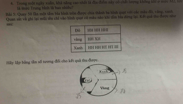 Trong một ngày xuân, khả năng cao nhất là địa điểm này có chất lượng không khỉ ở mức M2, tức 
là mức Trung bình là bao nhiêu? 
Bài 5: Quay 50 lần một tấm bìa hình tròn được chia thành ba hình quạt với các màu đỏ, vàng, xanh. 
Quan sát và ghi lại mũi tên chỉ vào hình quạt có màu nào khi tấm bìa dừng lại. Kết quả thu được như 
sau: 
Hãy lập bảng tần số tương đối cho kết quả thu được. 
Xanh 
Vàng