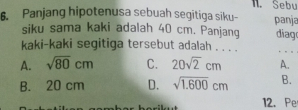 Sebu
6. Panjang hipotenusa sebuah segitiga siku- panja
siku sama kaki adalah 40 cm. Panjang diag
kaki-kaki segitiga tersebut adalah . . . .
. .
A. sqrt(80)cm C. 20sqrt(2)cm A.
B. 20 cm D. sqrt(1.600)cm B.
12. Pe