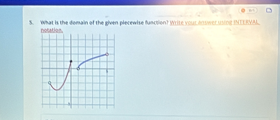 0/1 
5. What is the domain of the given piecewise function? Write your answer using INTERVAL 
notation.