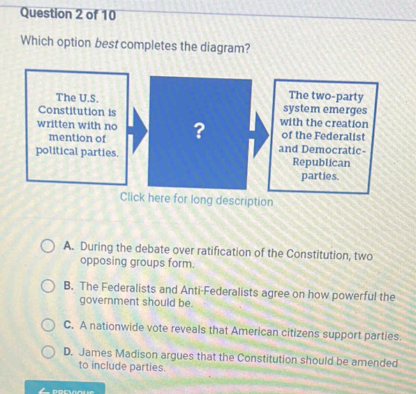 Which option best completes the diagram?
Click here for long description
A. During the debate over ratification of the Constitution, two
opposing groups form.
B. The Federalists and Anti-Federalists agree on how powerful the
government should be.
C. A nationwide vote reveals that American citizens support parties.
D. James Madison argues that the Constitution should be amended
to include parties.