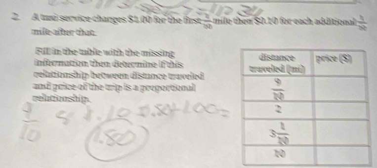 A tazi service charges $1.00 for the first  2/200  mile then $0.10 for each additional  4/12 
mile after that.
Filll in the table with the missing 
infermation then determine if this 
relationship between distance traveled 
and price of the tip is a proportional.
relutionship.