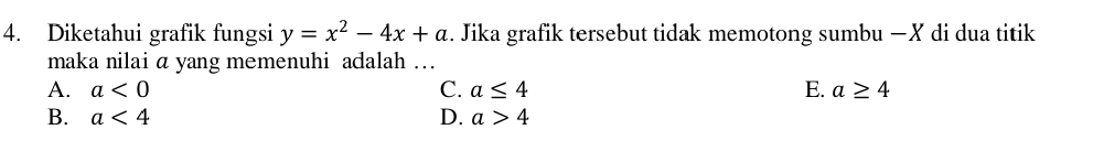 Diketahui grafik fungsi y=x^2-4x+a. Jika grafik tersebut tidak memotong sumbu — X di dua titik
maka nilai a yang memenuhi adalah ..
A. a<0</tex> C. a≤ 4 E. a≥ 4
B. a<4</tex> D. a>4