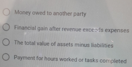 Money owed to another party 
Financial gain after revenue exceeds expenses 
The total value of assets minus liabilities 
Payment for hours worked or tasks completed