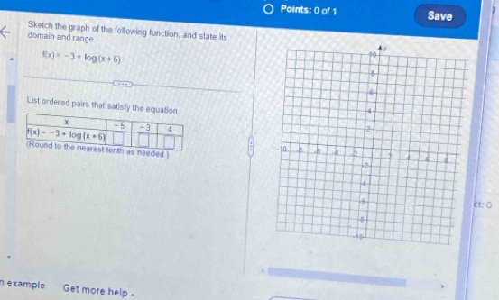 Points: 0) of 1 Save
Sketch the graph of the following function, and state its
domain and range
f(x)=-3+log (x+6)
List ordered pairs that satisfy t
eeded )
ct: 0
n example Get more help -