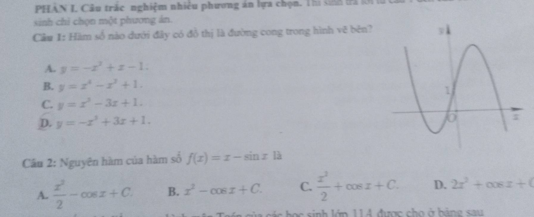 PHAN I. Câu trác nghiệm nhiều phương án lựa chọn. Thị sih tr2 lớ1
sinh chỉ chọn một phương án.
Cầu 1: Hàm số nào dưới đây có đồ thị là đường cong trong hình vẽ bên?
A. y=-x^2+x-1.
B. y=x^2-x^2+1.
C. y=x^3-3x+1.
D. y=-x^3+3x+1. 
Câu 2: Nguyên hàm của hàm số f(x)=x-sin x|a
A.  x^2/2 -cos x+C. B. x^2-cos x+C.
C.  x^2/2 +cos x+C. D. 2x^2+cos x+C
các học sinh lớn 114, được cho ở bàng sau