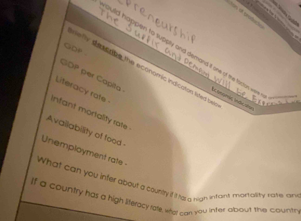 Intire for 4 lc 
atons at producte 
CQuide 
an 
GDP . 
ould happen to supply and demand if one of the factors were n 
e f ly describe the economic indicators listed bel 
GDP per Capita 
Literacy rate 
Iconomic Indicator 
infant mortality rate . 
Availability of food 
Unemployment rate - 
What can you infer about a country if it has a high infant mortality rate and 
If a country has a high literacy rate, what can you infer about the countr