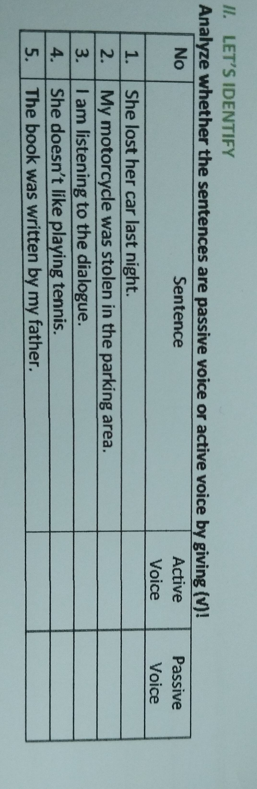 LET'S IDENTIFY 
Analyze whether the sentences are passive voice or activ