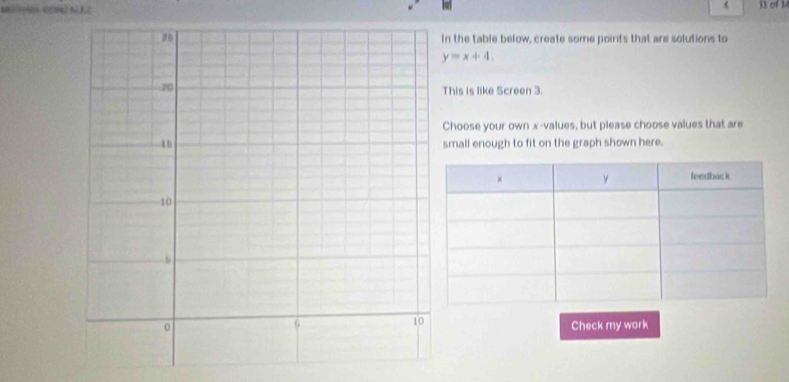 it of 1 
n the table below, create some points that are solutions to
y=x+4. 
This is like Screen 3. 
Choose your own x -values, but please choose values that are 
small enough to fit on the graph shown here. 
Check my work