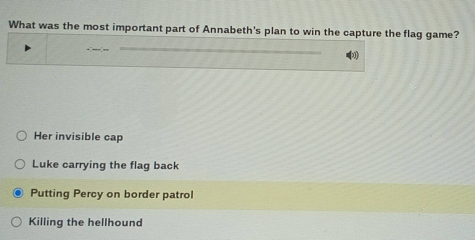 What was the most important part of Annabeth's plan to win the capture the flag game?
Her invisible cap
Luke carrying the flag back
Putting Percy on border patrol
Killing the hellhound