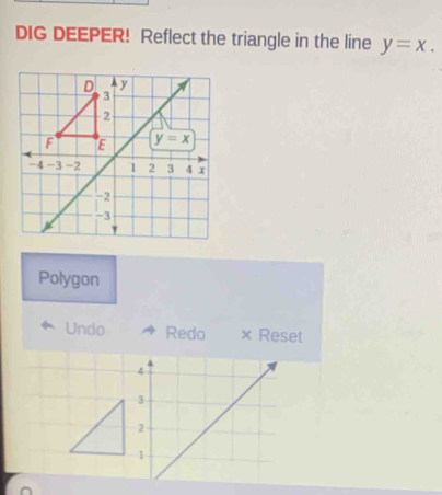 DIG DEEPER! Reflect the triangle in the line y=x.
Polygon
Undo Redo × Reset
4
3
2
1