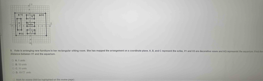 V1 ●AC

A
4 Table  18/10 
4
● Vz
9. Kate is arranging new furniture in her rectangular sitting room. She has mapped the arrangement on a coordinate plane. A, B, and C represent the sofas, V1 and V2 are decorative vases and AQ represents the aquarium. Find the
distance between V1 and the aquarium.
A. 1 units
B. 10 units
C. 11 unds
D. 10sqrt(2) units
Mark for review (Will be highlighted on the review page)
