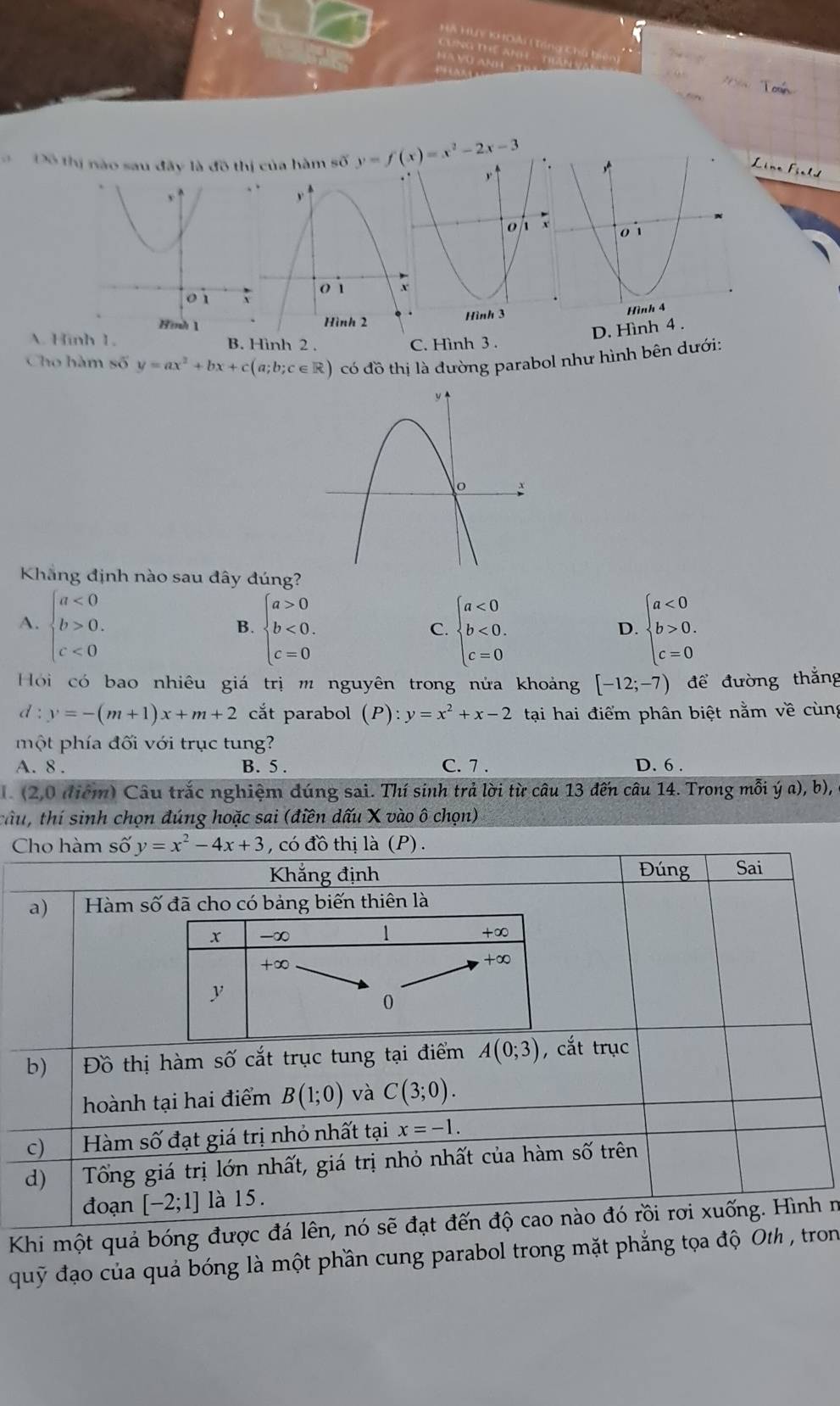 Đô thị nào sau đãy là đô thị của hàm số y=f(x)=x^2-2x-3
D. Hình 4 .
A. Hinh 1. B. Hình 2 . C. Hình 3 .
Cho hàm số y=ax^2+bx+c(a;b;c∈ R) có đồ thị là đường parabol như hình bên dưới:
Khẳng định nào sau đây đúng?
A. beginarrayl a<0 b>0. c<0endarray. beginarrayl a>0 b<0. c=0endarray. beginarrayl a<0 b<0. c=0endarray. beginarrayl a<0 b>0. c=0endarray.
B.
C.
D.
Hói có bao nhiêu giá trị m nguyên trong nửa khoảng [-12;-7) để đường thắng
d:y=-(m+1)x+m+2 cắt parabol (P):y=x^2+x-2 tại hai điểm phân biệt nằm về cùng
một phía đối với trục tung?
A. 8 . B. 5 . C. 7 . D. 6 .
1 (2,0 điểm) Câu trắc nghiệm đúng sai. Thí sinh trả lời từ câu 13 đến câu 14. Trong mỗi ý a), b), ở
tâu, thí sinh chọn đúng hoặc sai (điền dấu X vào ô chọn)
C
Khi một quả bóng được n
quỹ đạo của quả bóng là một phần cung parabol trong mặt phẳng tọa độ Oth , tron