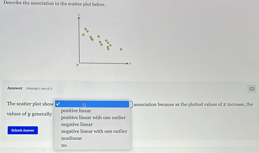 Describe the association in the scatter plot below.
Answer Attempt 1 out of 2
The scatter plot show association because as the plotted values of x increase, the
values of y generally positive linear
positive linear with one outlier
negative linear
Submit Answer negative linear with one outlier
nonlinear
no