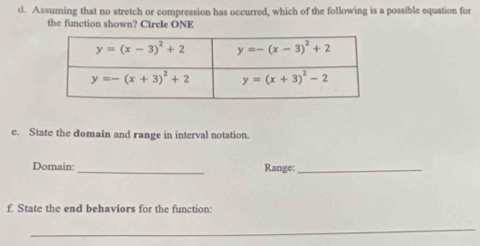 Assuming that no stretch or compression has occurred, which of the following is a possible equation for
the function shown? Circle ONE
e. State the domain and range in interval notation.
Domain: _Range:_
f. State the end behaviors for the function:
_