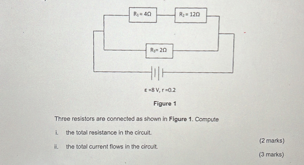 Three resistors are connected as shown in Figure 1. Compute
i. the total resistance in the circuit.
(2 marks)
ii. the total current flows in the circuit.
(3 marks)