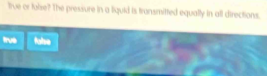 trve or fulse? The pressure in a liquid is transmitted equally in all directions. 
frue false