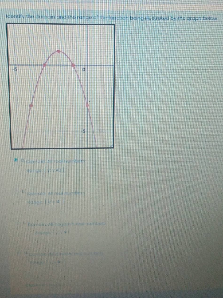 Identify the domain and the range of the function being illustrated by the graph below. 
9: pomain: All real numbers 
Range -y:y^2
# Domain: All real numbers 
Range: 「 y: y
* Damain: All negative real nombers 
...^circ  
，