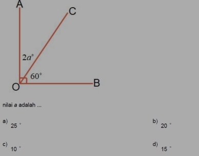 A
nilai a adalah ...
a)
25°
b)
20°
c)
d)
10°
15°