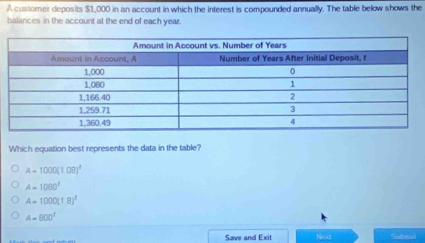 A customer deposits $1,000 in an account in which the interest is compounded annually. The table below shows the
balances in the account at the end of each year.
Which equation best represents the data in the table?
A=1000(1.08)^t
A=1080^t
A=1000(1.8)^t
A=800^t
Save and Exit Next Subant