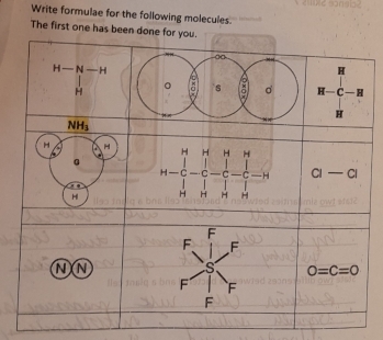 Write formulae for the following molecules. 
The first one has been done for you.
∞
H-N-H
H
H
s H- C -H
H
NH_3
H H H H H H
G
H- - C I C C H a-a. ,
Hl H H H H
F
F F
N N s 0=C=0
F F
F