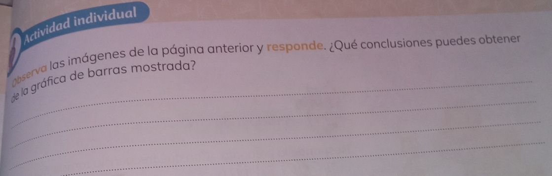 Actividad individual 
observa las imágenes de la página anterior y responde. ¿Qué conclusiones puedes obtener 
_ 
_de la gráfica de barras mostrada? 
_ 
_