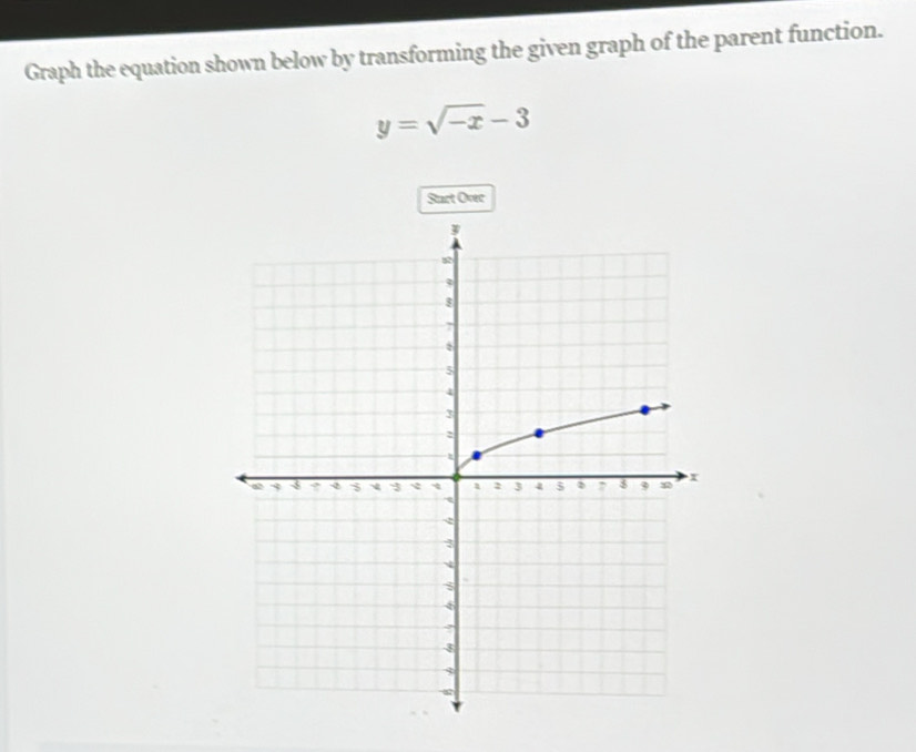 Graph the equation shown below by transforming the given graph of the parent function.
y=sqrt(-x)-3
Start Ovec