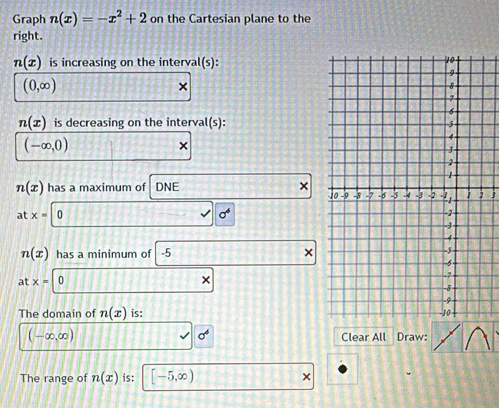 Graph n(x)=-x^2+2 on the Cartesian plane to the 
right.
n(x) is increasing on the interv. al(s)
(0,∈fty )
×
n(x) is decreasing on the interval(s):
(-∈fty ,0)
×
n(x) has a maximum of DNE ×
3
at x= 0 sigma^6
n(x) has a minimum of -5
at x= 0
The domain of n(x) is:
(-∈fty ,∈fty )
sigma^6 Clear All Draw: 
The range of n(x) is: [-5,∈fty )
×