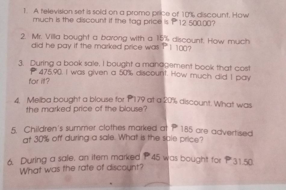 Solved: A television set is sold on a promo price of 10% discount. How ...