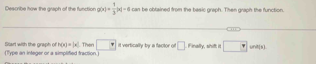 Describe how the graph of the function g(x)= 1/3 |x|-6 can be obtained from the basic graph. Then graph the function. 
Start with the graph of h(x)=|x|. Then □ it vertically by a factor of □. Finally, shift it □ unit(s). 
(Type an integer or a simplified fraction.)