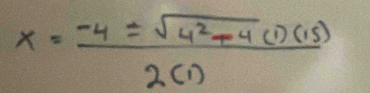 x= (-4± sqrt(4^2mp 4(1)(15)))/2(1) 