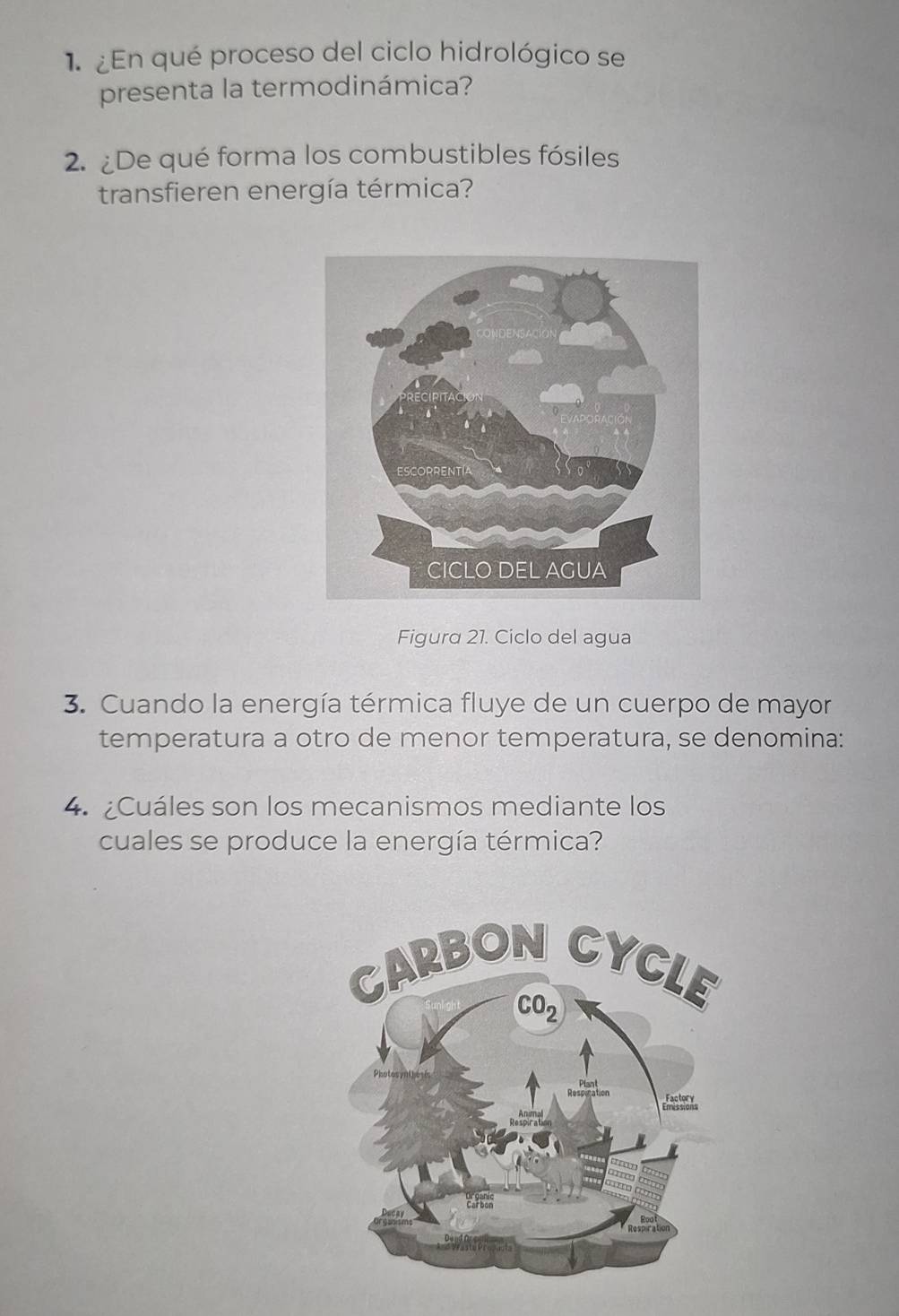 1.¿En qué proceso del ciclo hidrológico se 
presenta la termodinámica? 
2. ¿De qué forma los combustibles fósiles 
transfieren energía térmica? 
Figura 21. Ciclo del agua 
3. Cuando la energía térmica fluye de un cuerpo de mayor 
temperatura a otro de menor temperatura, se denomina: 
4. ¿Cuáles son los mecanismos mediante los 
cuales se produce la energía térmica?