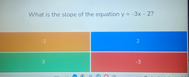 What is the slope of the equation y=-3x-2 ?