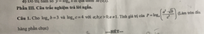 dị Đô thị hám số y=log _b1 s qua esém M(0,1). 
Phần III. Câu trắc nghiệm trã lời ngắn. 
Câu 1. Cho log _ab=3 và log _ac=4 với a; b; c>0; a!= 1. Tính giá trị của P=log _a( a^2· sqrt(b)/c^3 ) (Làm tròn đến 
hàng phần chục) 
-HếT