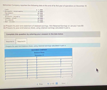 Mahomes Company reported the following data at the end of its first year of operations on December 31. 
Cash 
Equipment Accounts receivable 5 7,000
”, ∞ea 
Accounts payable Land
37.000 10,000
Dividends Connan stack 20,000 4.002
Net income 61.220 23.000
(a) Prepare its year -end statement of retained eamings. Hint: Retained Earings on January 1 was $0. 
(b) Prepare its year -end balance sheet, using retained earnings calculated in part a. 
Complete this question by entering your answers in the tabs below. 
Required A Required B 
Prepare its year -end balance sheet, using retained earnings calculated in part a 
《Prev 10 of 10 Next