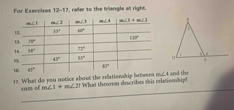 For Exercises 12-17 , refer to the triangle at right.
17. What do you notice about the relationship betw and the
_
sum of m∠ 1+m∠ 2 ? What theorem describes this relationship?