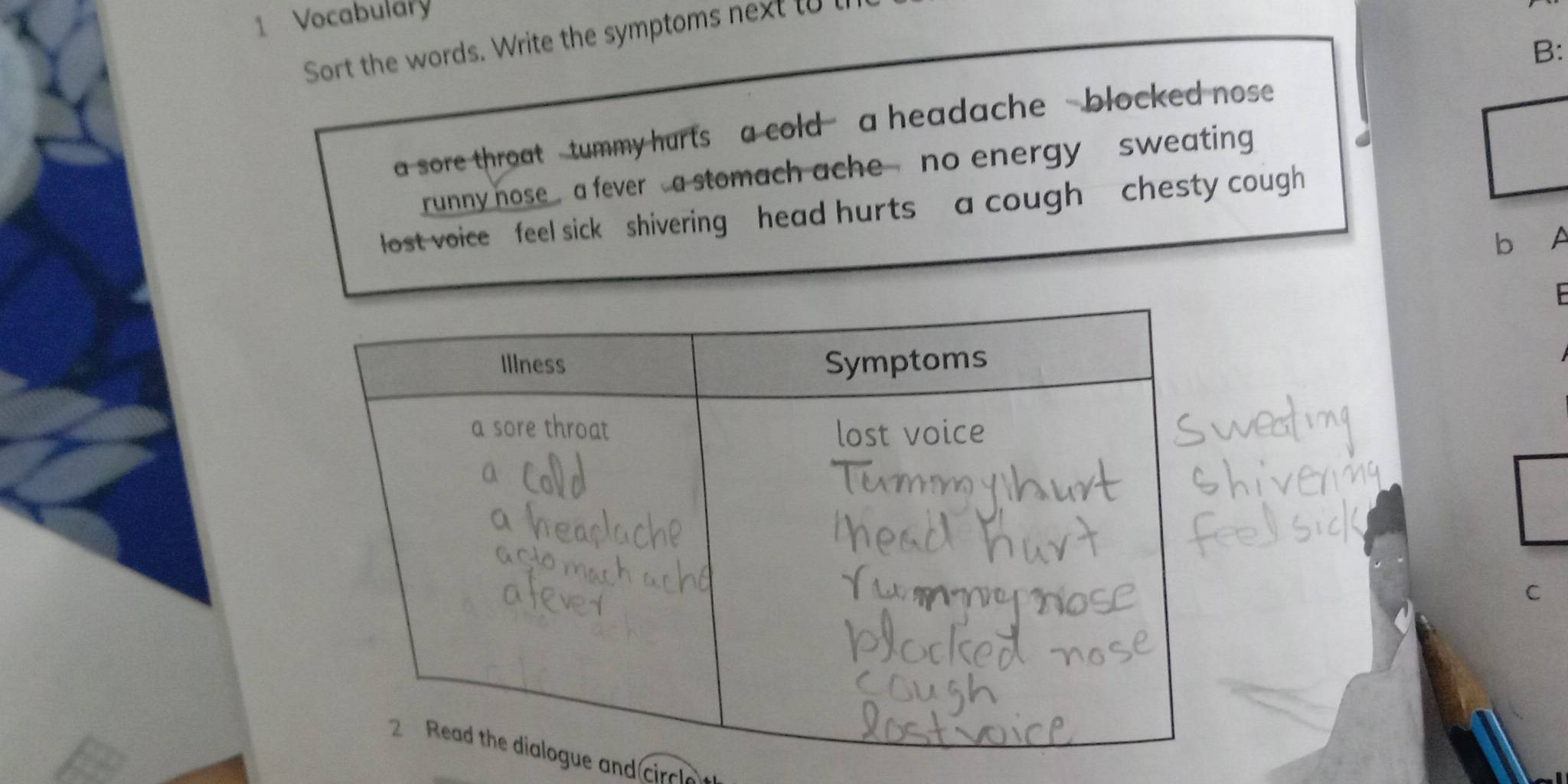 Vocabulary 
Sort the words. Write the symptoms next to l 
B: 
a sore throat - tummy hurts , a cold - a headache - blocked nose . 
runny nose a fever a stomach ache no energy sweating 
a 
lost voice feel sick shivering head hurtsa cough chesty cough 
b A 
F 
C 
ue and circle