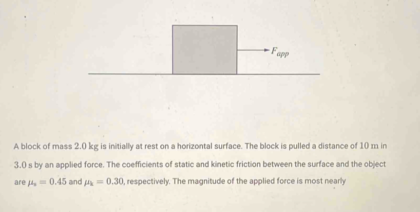 A block of mass 2.0 kg is initially at rest on a horizontal surface. The block is pulled a distance of 10 m in
3,0 s by an applied force. The coefficients of static and kinetic friction between the surface and the object
are mu _s=0.45 and mu _k=0.30 , respectively. The magnitude of the applied force is most nearly