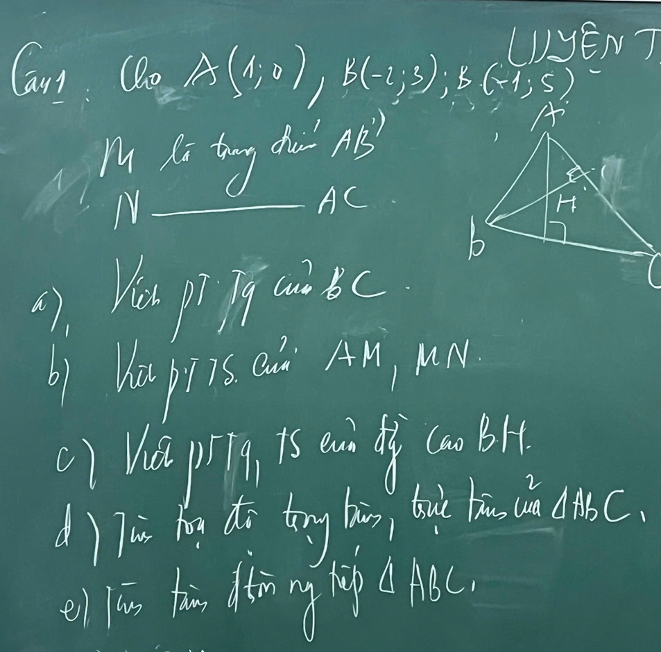 (lyEV?
Can (8o A(1,0), B(-2;3); B(-1;5)
M Ki tag dh' ne?
_N
AC
(7. Yut pl pg witc
b1 Ve piis (ú AM, MM
1 Vǒ pT9 iS eu dj (co Bl
d) Tui ha dì tīng bāg buì biu c △ AbC
ei lig tǎn dàing li △ ABC