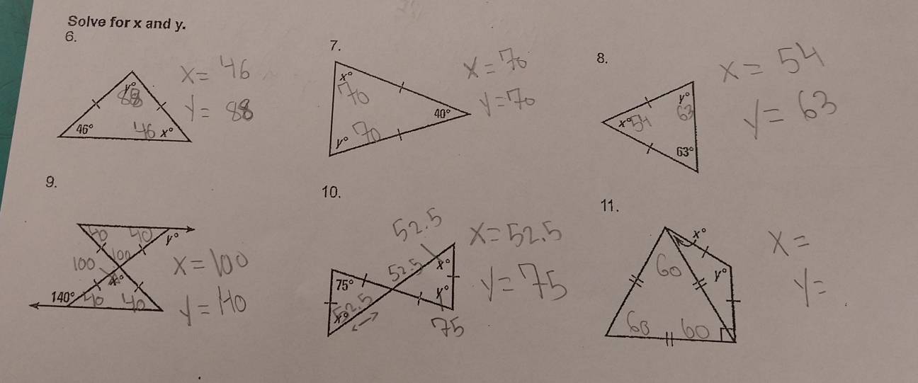 Solve for x and y.
6.
7.
8.
 
9.
10.
11.

x°
140°