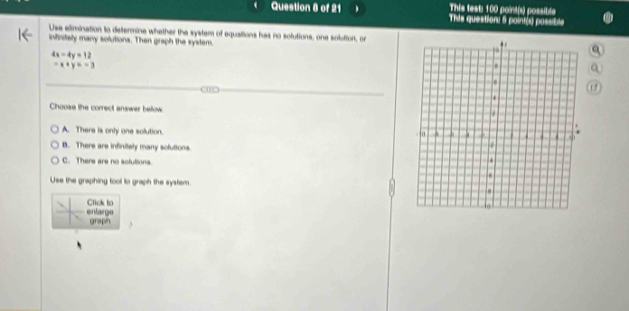 This test: 100 point(s) possible
Question 8 of 21 This question: 5 point(s) possible
Use elimination to determine whether the system of equations has no solutions, one solution, ora
infinitely many solutions. Then graph the system.
4x=4y=12
-x+y=-3
1 7
Choose the correct answer bellow.
A. There is only one solution.
B. There are infinitely many solutions
C. There are no solutions.
Use the graphing tool to graph the system.
Click to
enlarge
graph