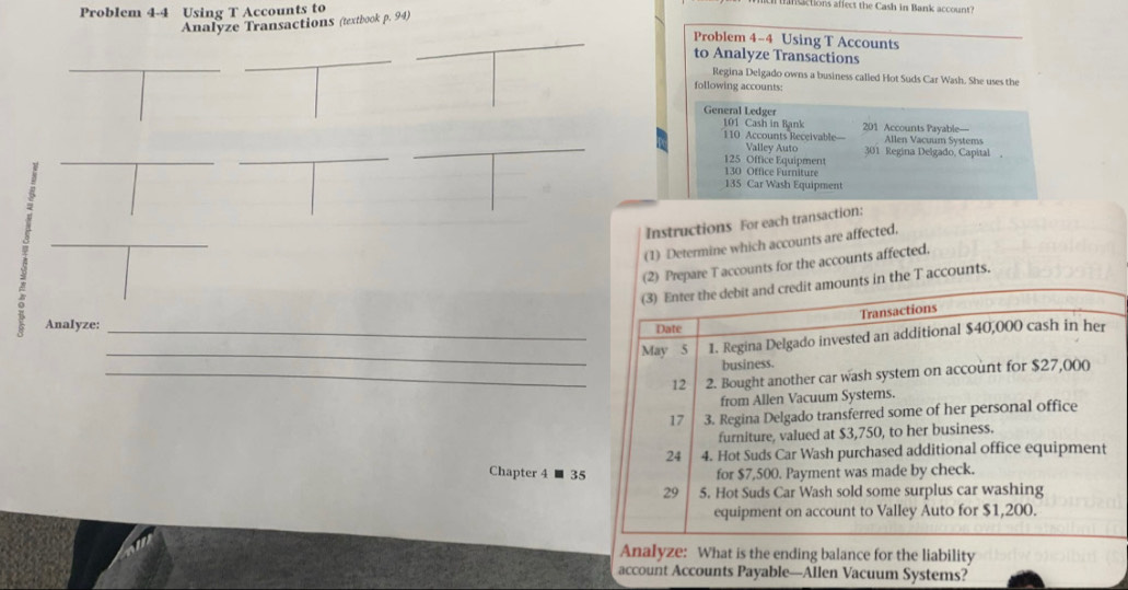 Problem 4-4 Using T Accounts to 
aactions aflect the Cash in Bank account? 
Analyze Transactions (textbook p. 94) 
Problem 4-4 Using T Accounts 
to Analyze Transactions 
Regina Delgado owns a business called Hot Suds Car Wash. She uses the 
following accounts: 
General Ledger
101 Cash in Bank 201 Accounts Payable—
110 Accounts Receivable— Allen Vacuum System 
Valley Auto 
_
125 Office Equipment 301 Regina Delgado, Capital .
130 Office Furniture
135 Car Wash Equipment 
_ 
Instructions For each transaction: 
(1) Determine which accounts are affected. 
(2) Prepare T accounts for the accounts affected. 
s in the T accounts. 
. 
Analyze: _ 
_ 
_ 
Chapter 4 ■ 35 
Analyze: What is the ending balance for the liability 
account Accounts Payable—Allen Vacuum Systems?