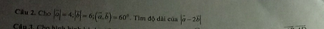 Câu 2, Cho |vector a|=4; |vector b|=6; (vector a,overline b)=60° Tìm độ dài của |vector a-2vector b|
Câu 3 Cho