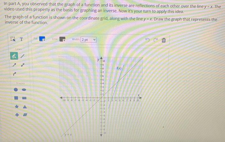 In part A, you observed that the graph of a function and its inverse are reflections of each other over the line y=x. The
video used this property as the basis for graphing an inverse. Now it's your turn to apply this idea.
The graph of a function is shown on the coordinate grid, along with the line y=x. Draw the graph that represents the
inverse of the function.
T Bill: Uine: Width: 2 pt
Lines
Shapes