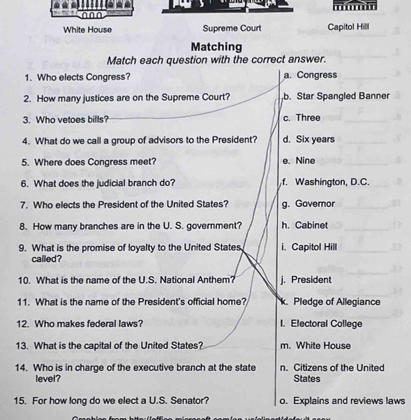 White House Supreme Court Capitol Hill
Matching
Match each question with the correct answer.
1. Who elects Congress? a. Congress
2. How many justices are on the Supreme Court? b. Star Spangled Banner
3. Who vetoes bills? c. Three
4. What do we call a group of advisors to the President? d. Six years
5. Where does Congress meet? e. Nine
6. What does the judicial branch do? f. Washington, D.C.
7. Who elects the President of the United States? g. Governor
8. How many branches are in the U. S. government? h. Cabinet
9. What is the promise of loyalty to the United States i. Capitol Hill
called?
10. What is the name of the U.S. National Anthem? j. President
11. What is the name of the President's official home? k. Pledge of Allegiance
12. Who makes federal laws? I. Electoral College
13. What is the capital of the United States? m. White House
14. Who is in charge of the executive branch at the state n. Citizens of the United
level? States
15. For how long do we elect a U.S. Senator? o. Explains and reviews laws