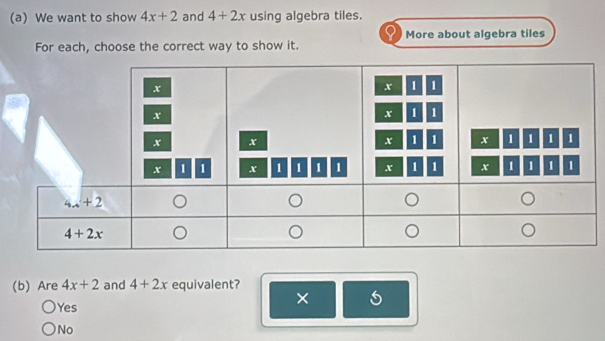 We want to show 4x+2 and 4+2x using algebra tiles.
More about algebra tiles
For each, choose the correct way to show it.
(b) Are 4x+2 and 4+2x equivalent?
Yes
×
No