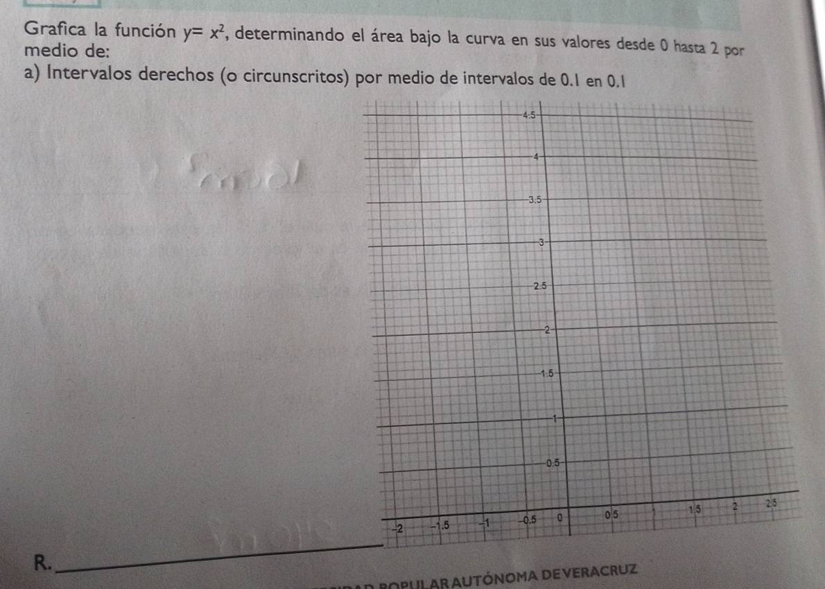 Grafica la función y=x^2 , determinando el área bajo la curva en sus valores desde 0 hasta 2 por 
medio de: 
a) Intervalos derechos (o circunscritos) por medio de intervalos de 0.1 en 0.1
R. 
_ 
ROPULAR AUTÓNOMA DEVERACRUZ